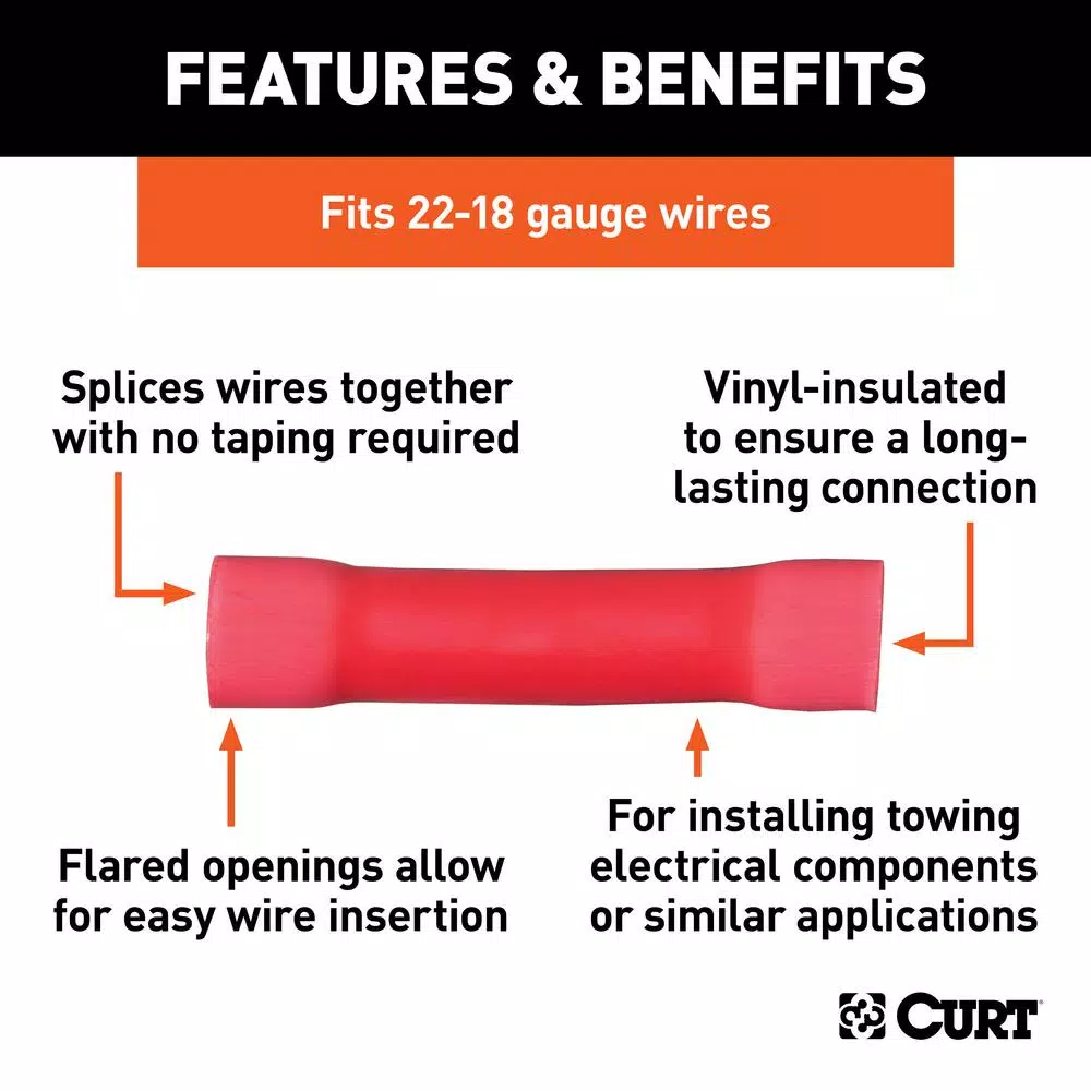 CURT Butt Connectors, 22-18 Gauge Wire, Red, 100-Pack
