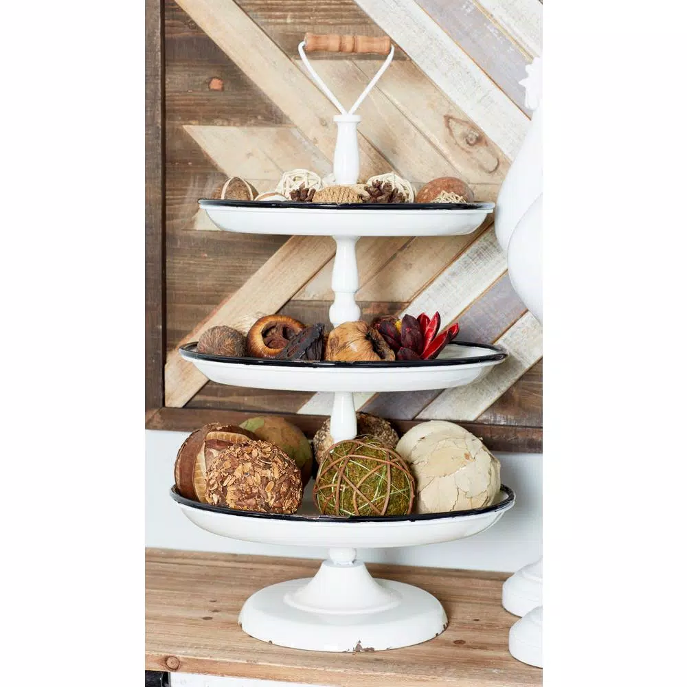 LITTON LANE Rustic Reflections 3-Tier Metal Pedestal Tray, Distressed White with Black Accents