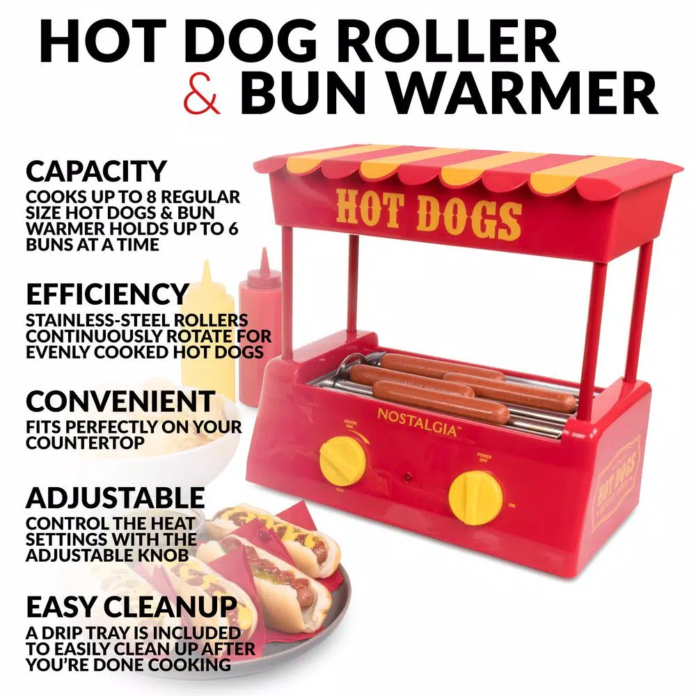 Nostalgia Red 8-Hot Dog Roller and 6-Bun Warmer Countertop Specialty Grill