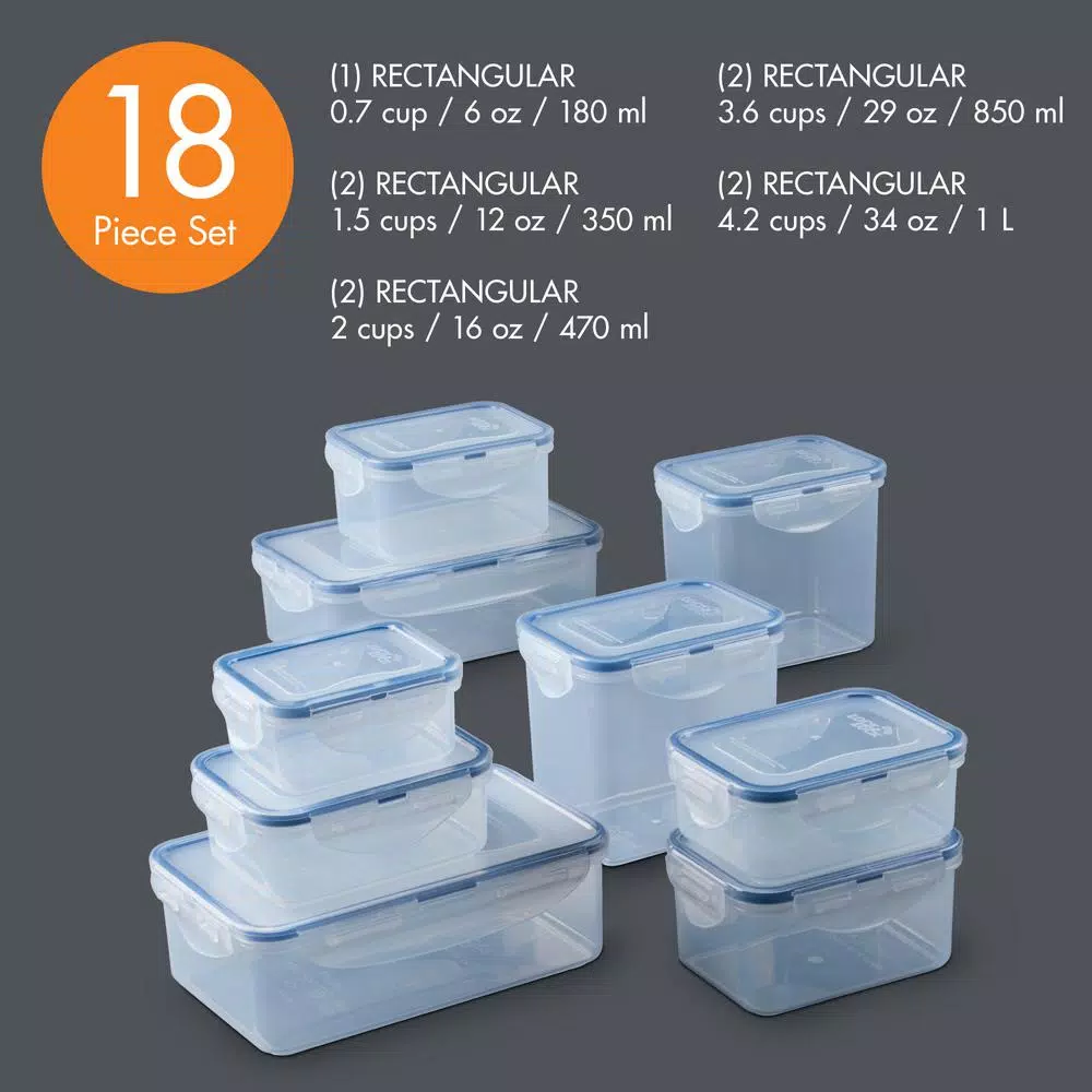 LOCK & LOCK Easy Essentials 18-Piece Food Storage Container Set with Airtight Lids, BPA-Free Plastic