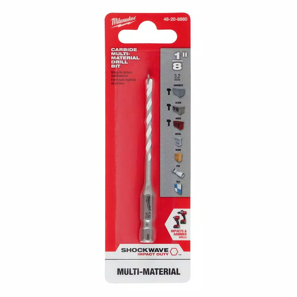 Milwaukee SHOCKWAVE 1/8 in. Carbide Multi-Material Drill Bit, 1/4 in. Hex Shank