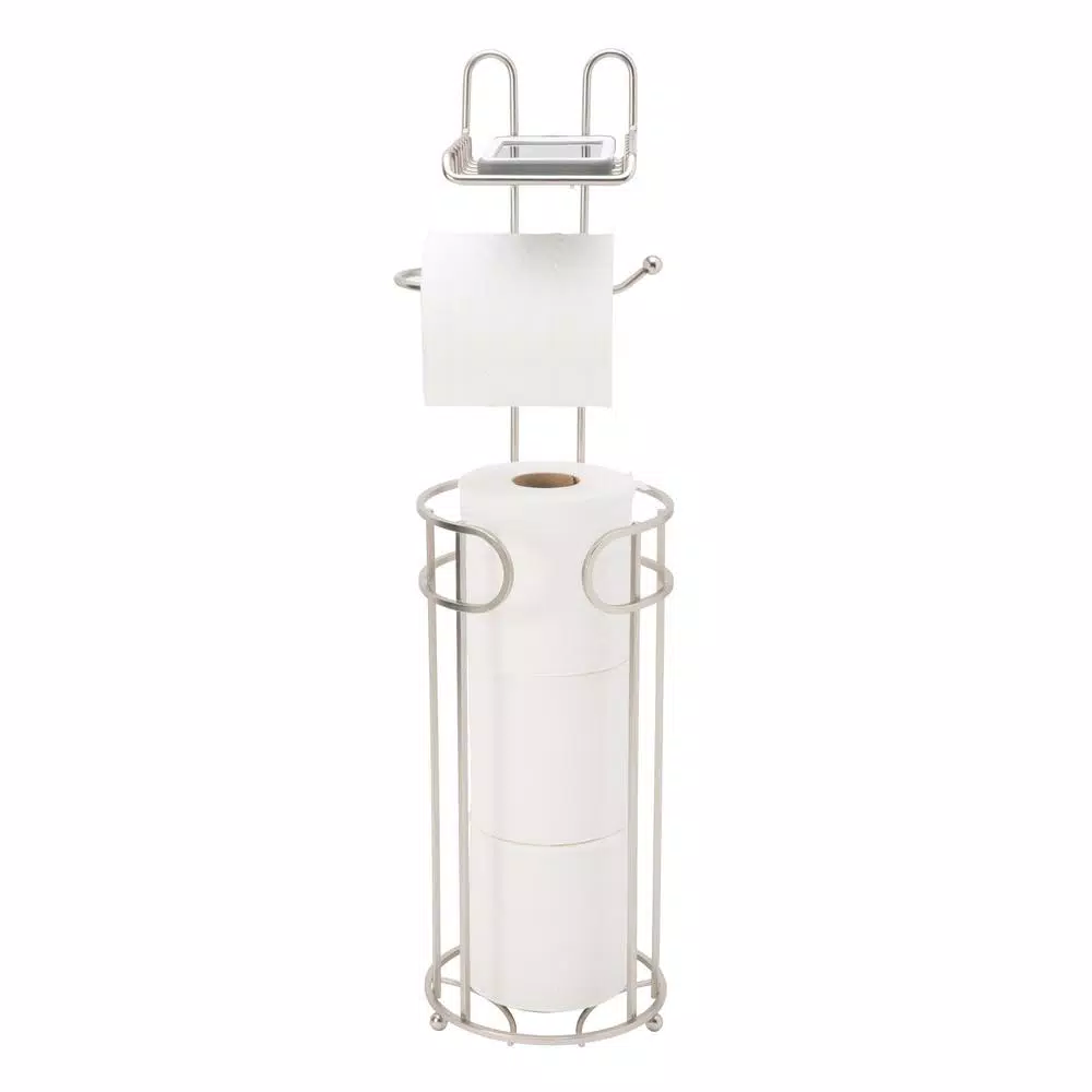 Bath Bliss Contemporary Freestanding Toilet Paper Holder with Built-in Phone Shelf and 4-Roll Storage, Satin
