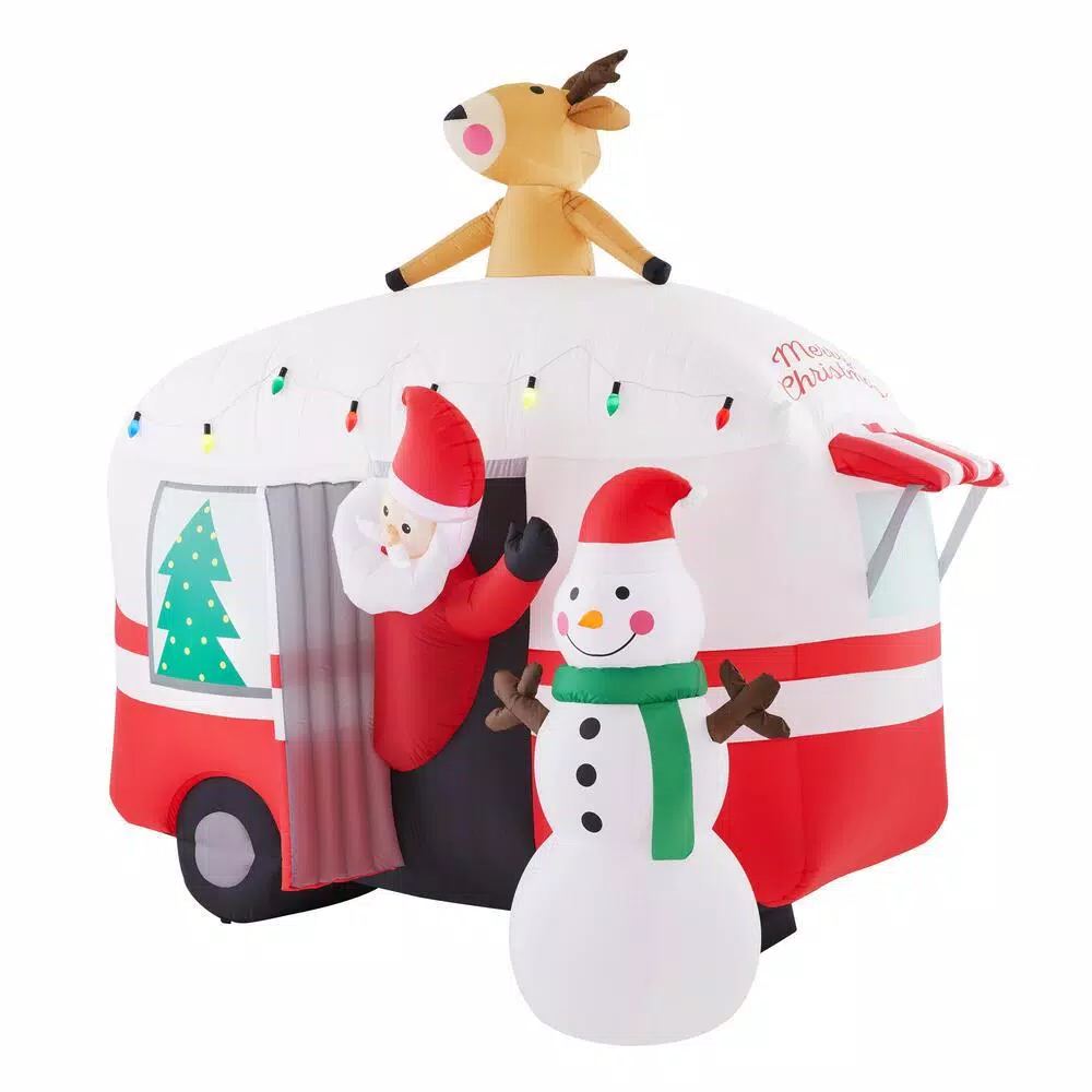 Unbranded 7 ft. Pre-Lit Inflatable Jolly Holiday Camper with Santa, Snowman, and Reindeer