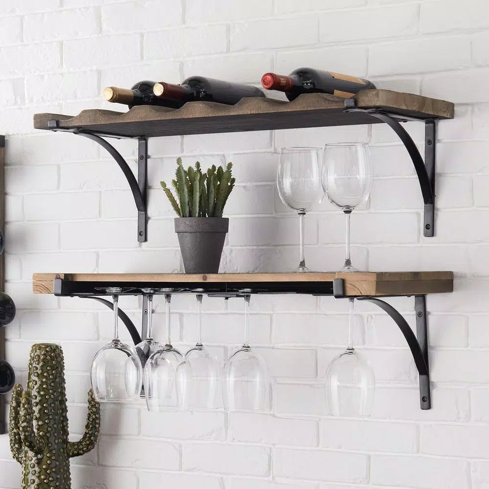 StyleWell 6-Bottle Natural Wood and Metal Wall Mounted Wine Rack