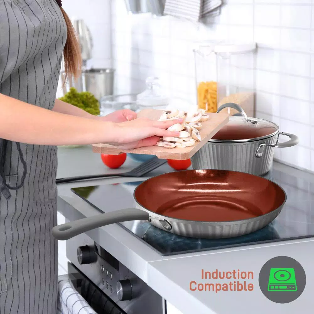 NutriChef 11-Piece Aluminum Nonstick Cookware Set with Gold Lines