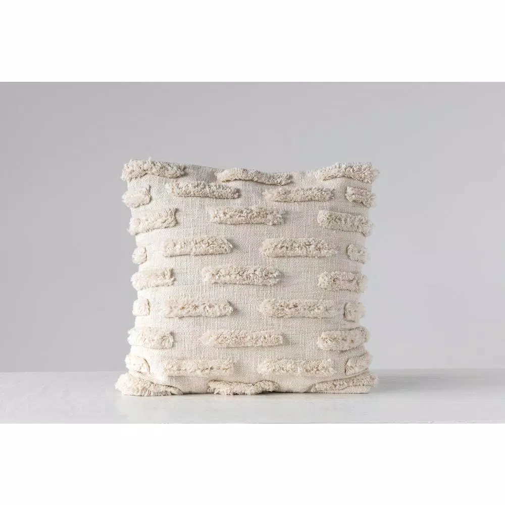 3R Studios White Embroidered Cotton Throw Pillow with Fringed Edges, 20 in. x 20 in.