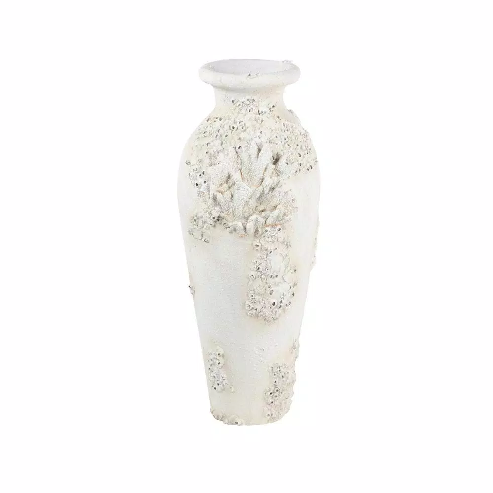 LITTON LANE Textural White Large Floor Vase with Sculptural Coral and Barnacle Nautical Decor