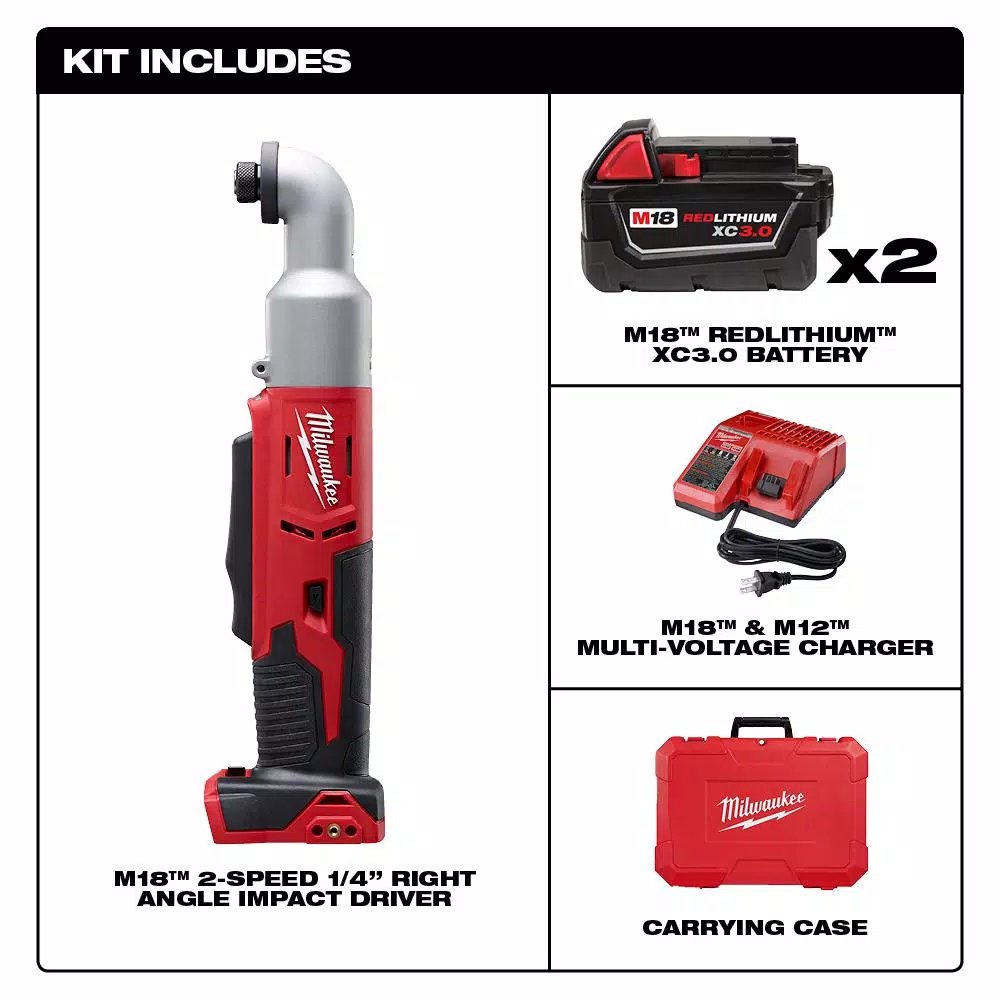 Milwaukee M18 18V Cordless 1/4 in. Hex 2-Speed Right Angle Impact Driver Kit with (2) 3.0 Ah Batteries, Charger & Case