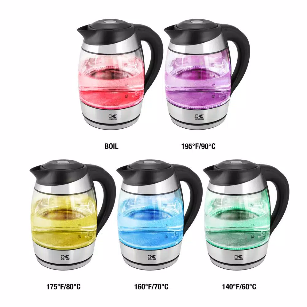 KALORIK 7.5-Cup Glass Electric Kettle with LED Temperature Illumination and Keep Warm Setting
