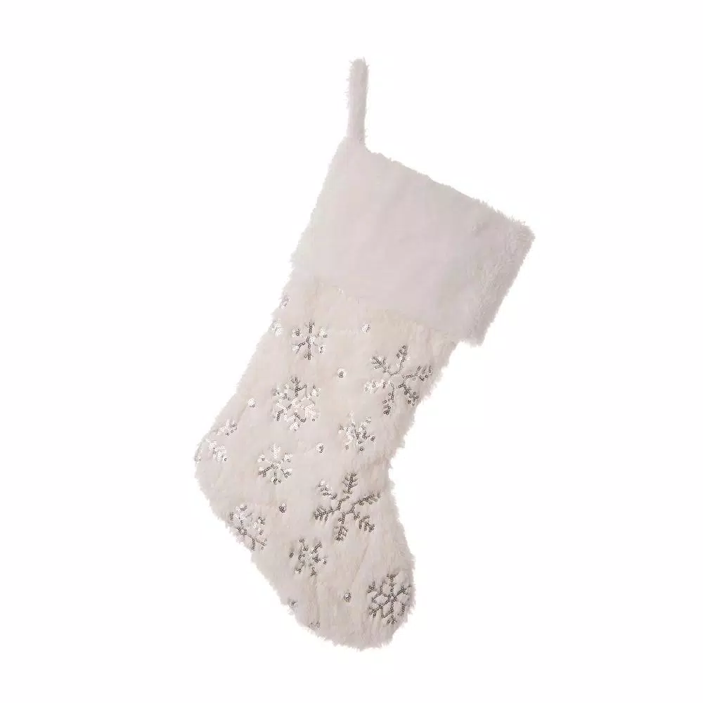 Unbranded 48 in. White Plush Tree Skirt and 2 Stockings Set with Snowflake Embroidery and Beaded Design