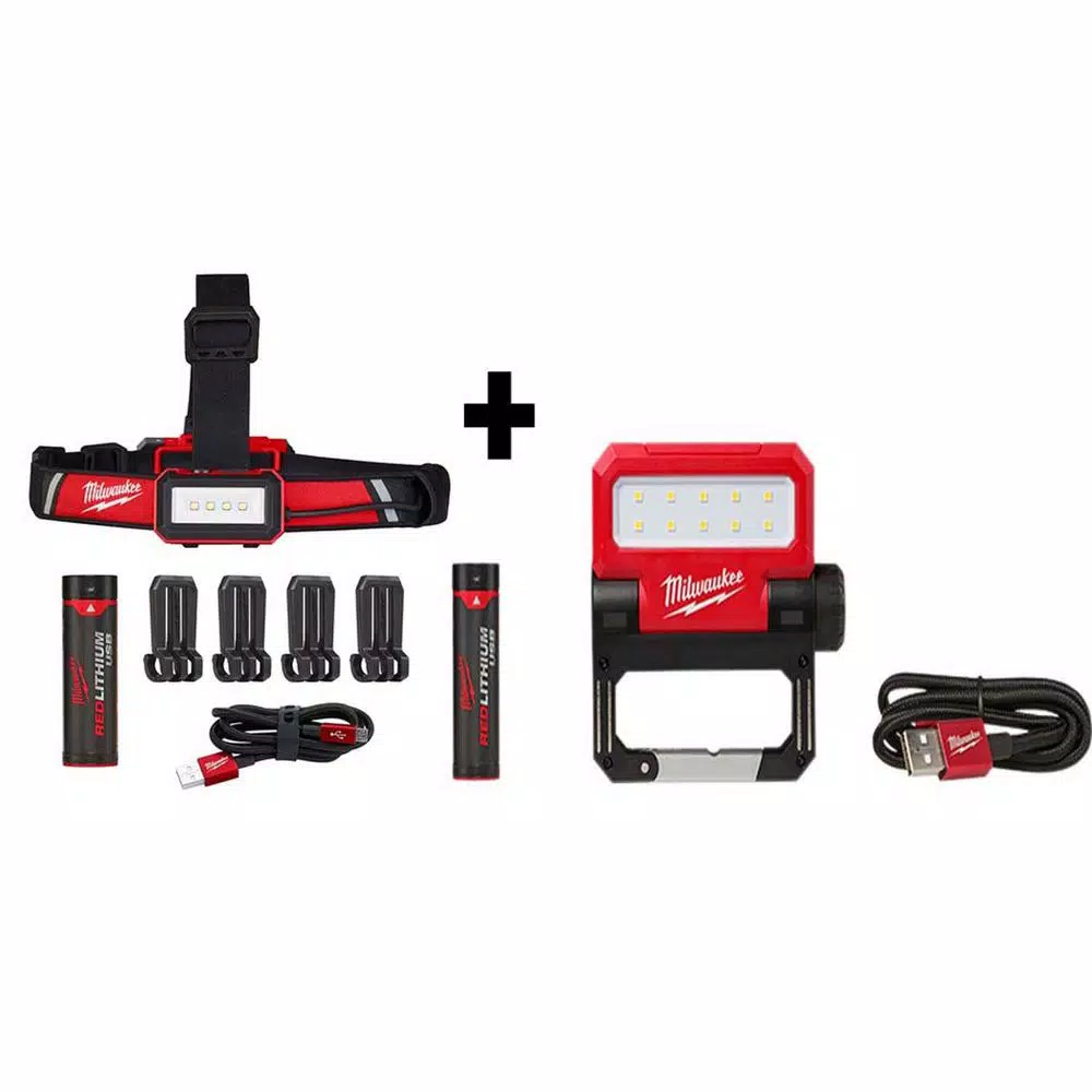 Milwaukee USB Rechargeable LED Headlamp (600 Lumens) and Pivoting Flood Light (550 Lumens) 2-Pack