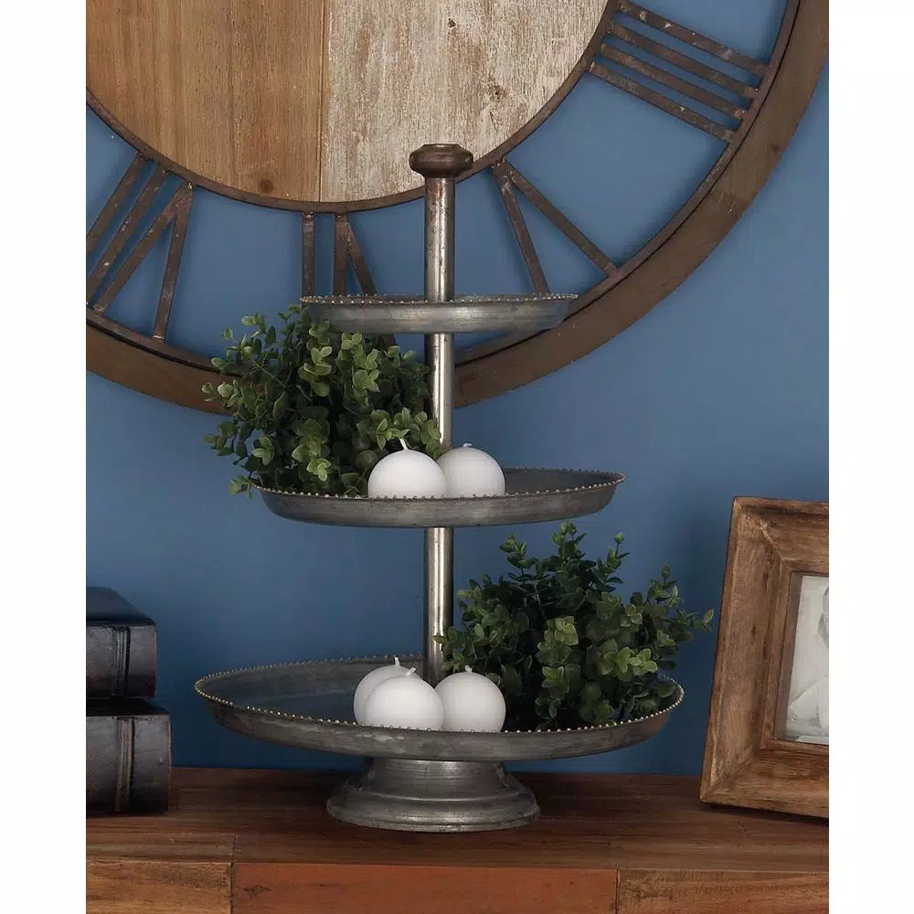 LITTON LANE 3-Tier Farmhouse Iron Cake Stand, Galvanized Gray Metallic Finish