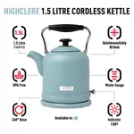 Haden Highclere 1.5L Electric Kettle, 6-Cup Cordless Kettle with Auto Shut-Off, Poole Blue thumbnail 3