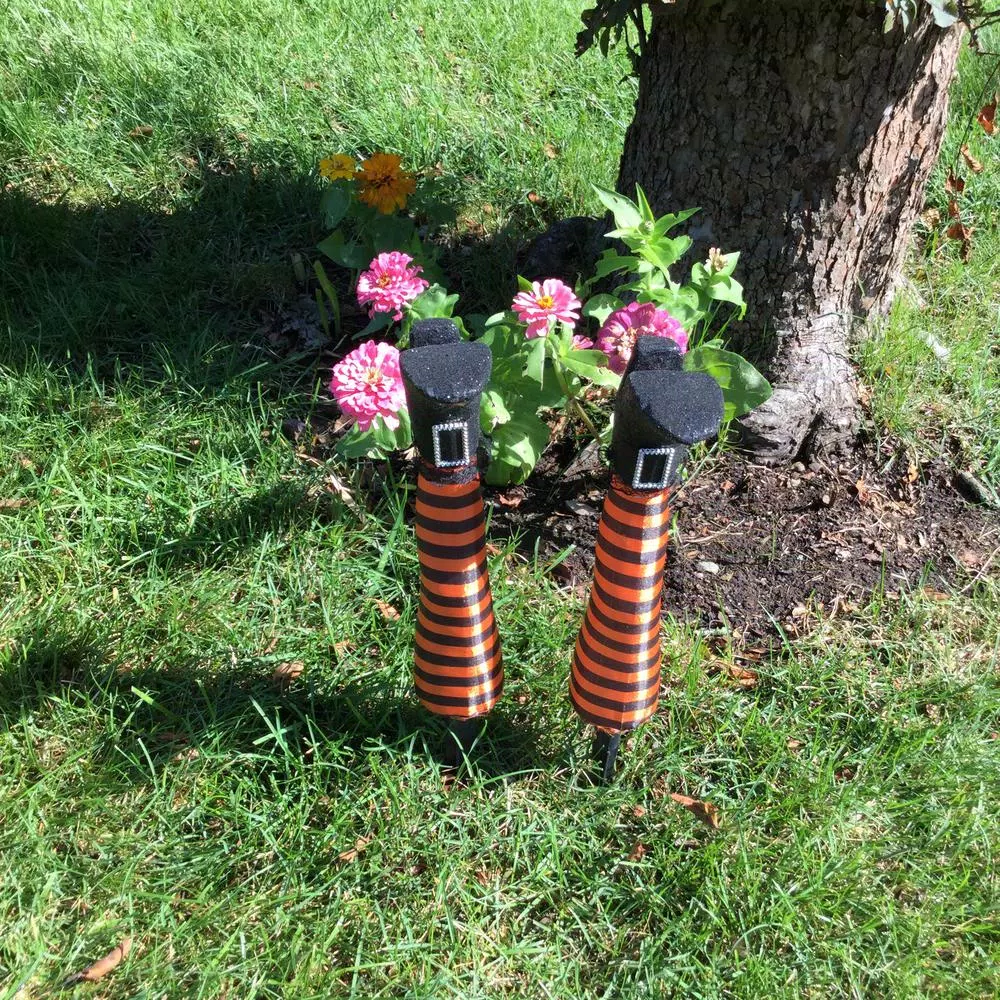 Unbranded 18 in. Witch Leg Stakes - Black and Orange Striped Halloween Yard Decoration
