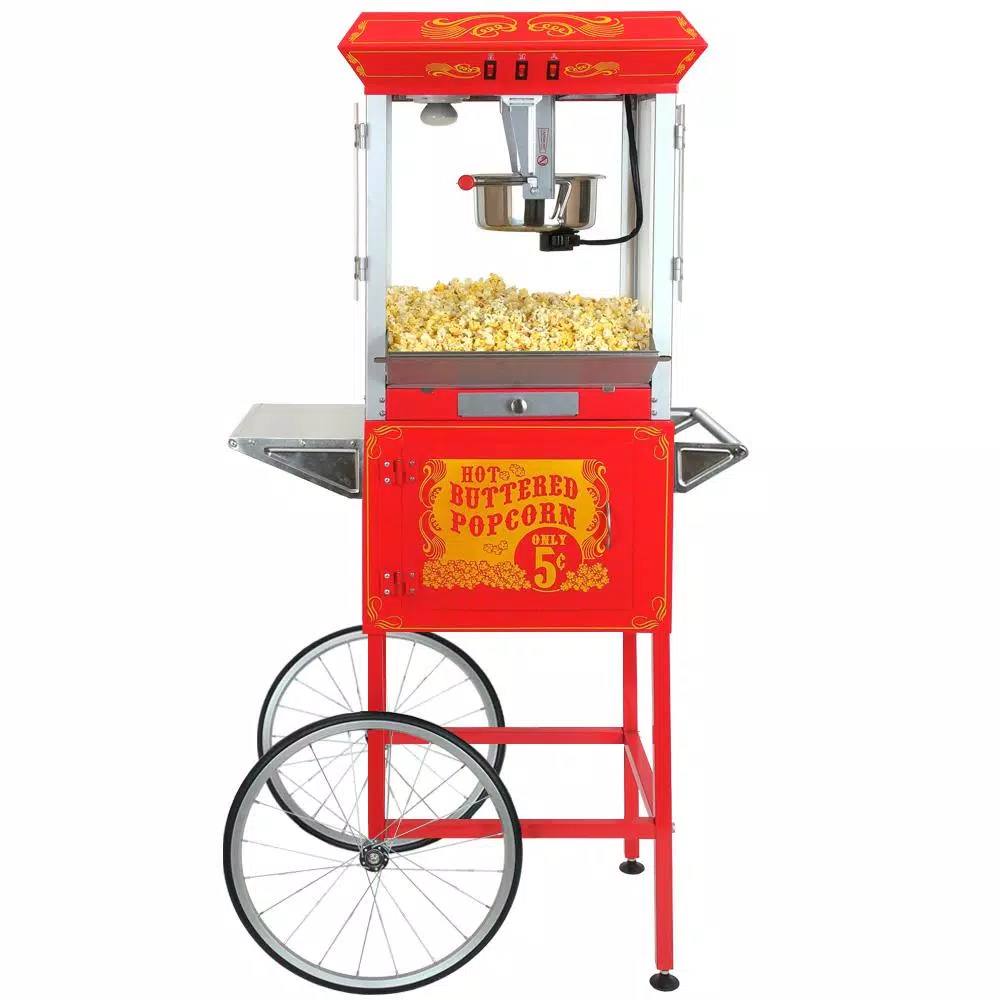 Funtime 8oz Vintage Style Red Popcorn Popper Machine Cart with Stainless Steel Kettle