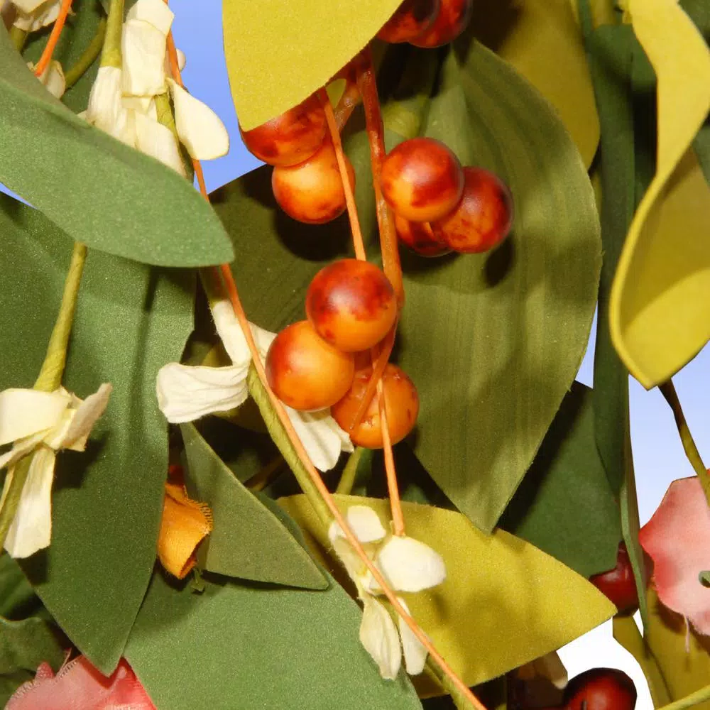 National Tree Company 22 in. Mixed Flower Wreath with Red Berries and Leafy Stems, Multi-Colored