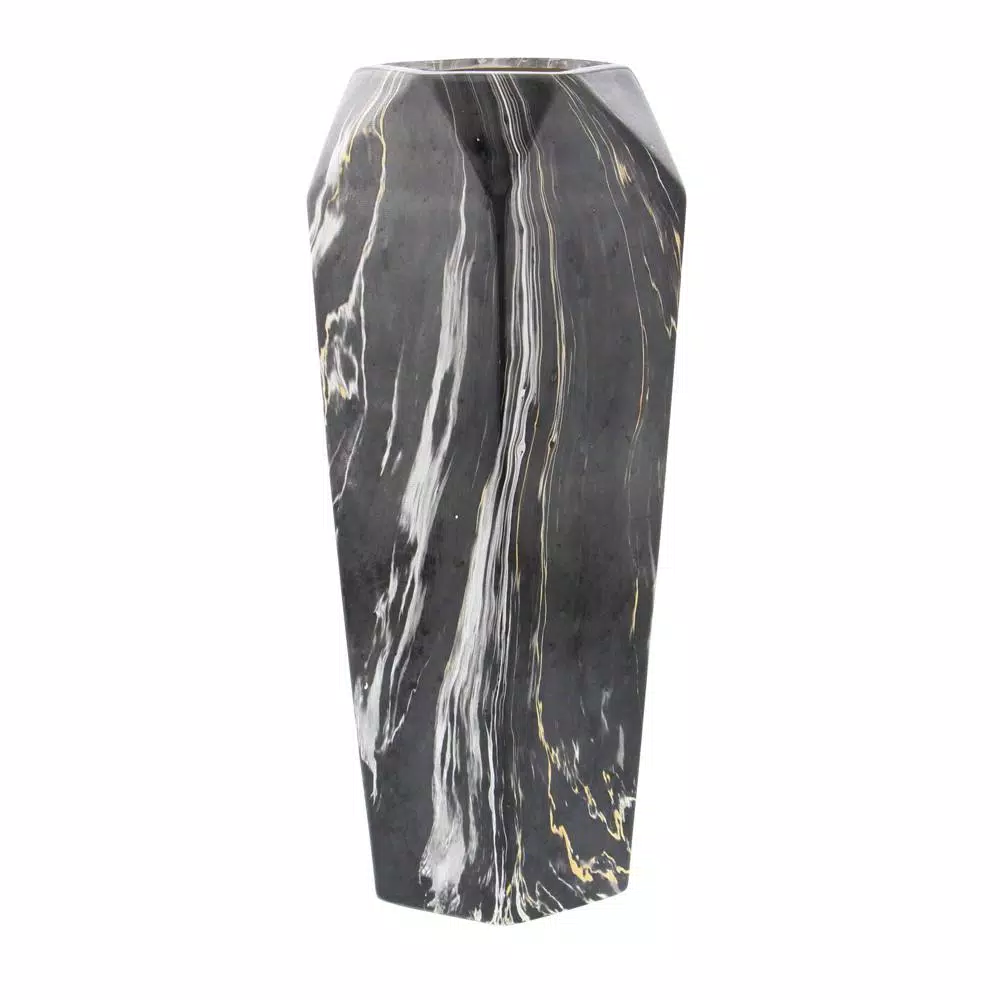 LITTON LANE Modern Reflections 14 in. Black and White Marble Patterned Ceramic Geometric Vase