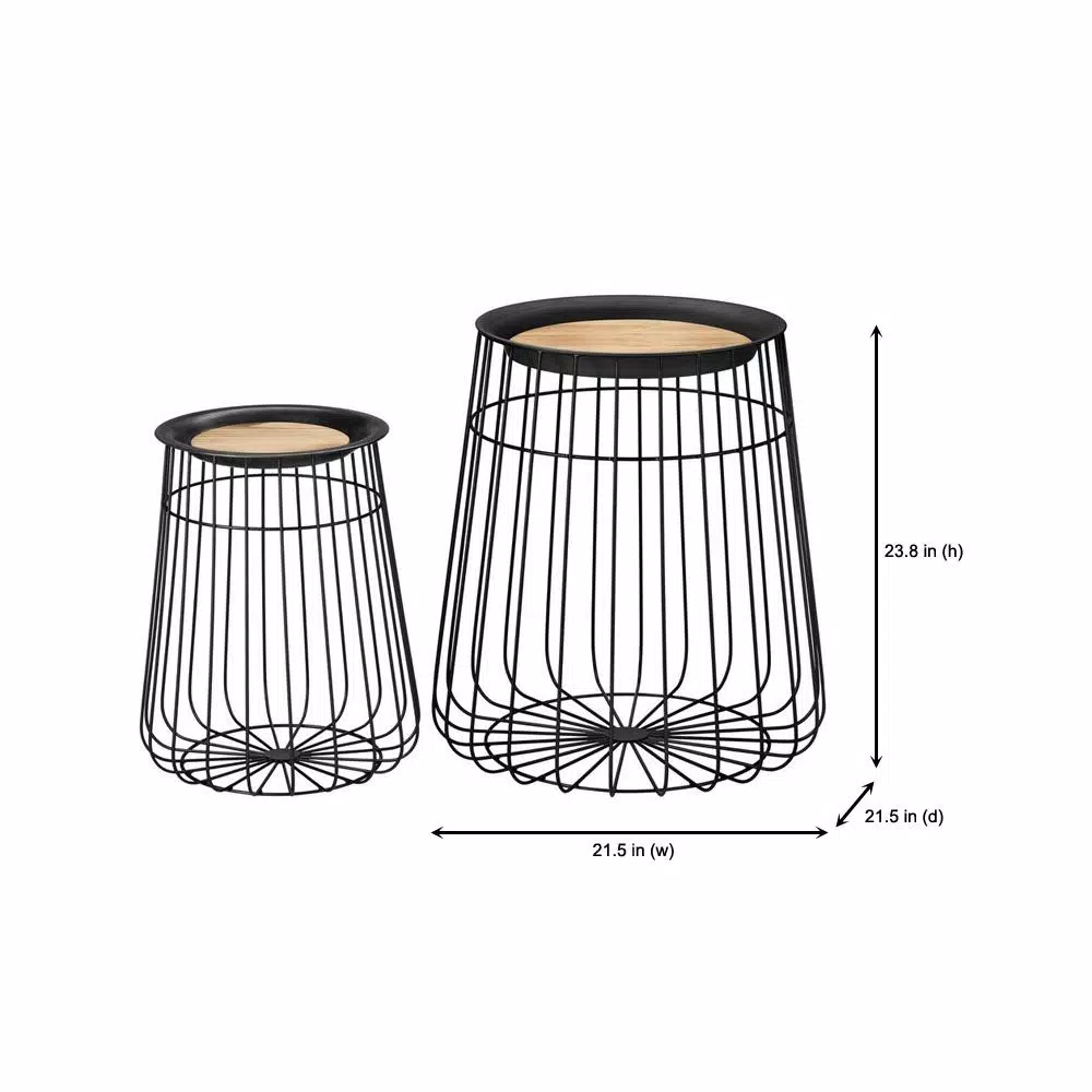Home Decorators Collection Round Black Metal Decorative Basket Set with Wood Lid, Set of 2