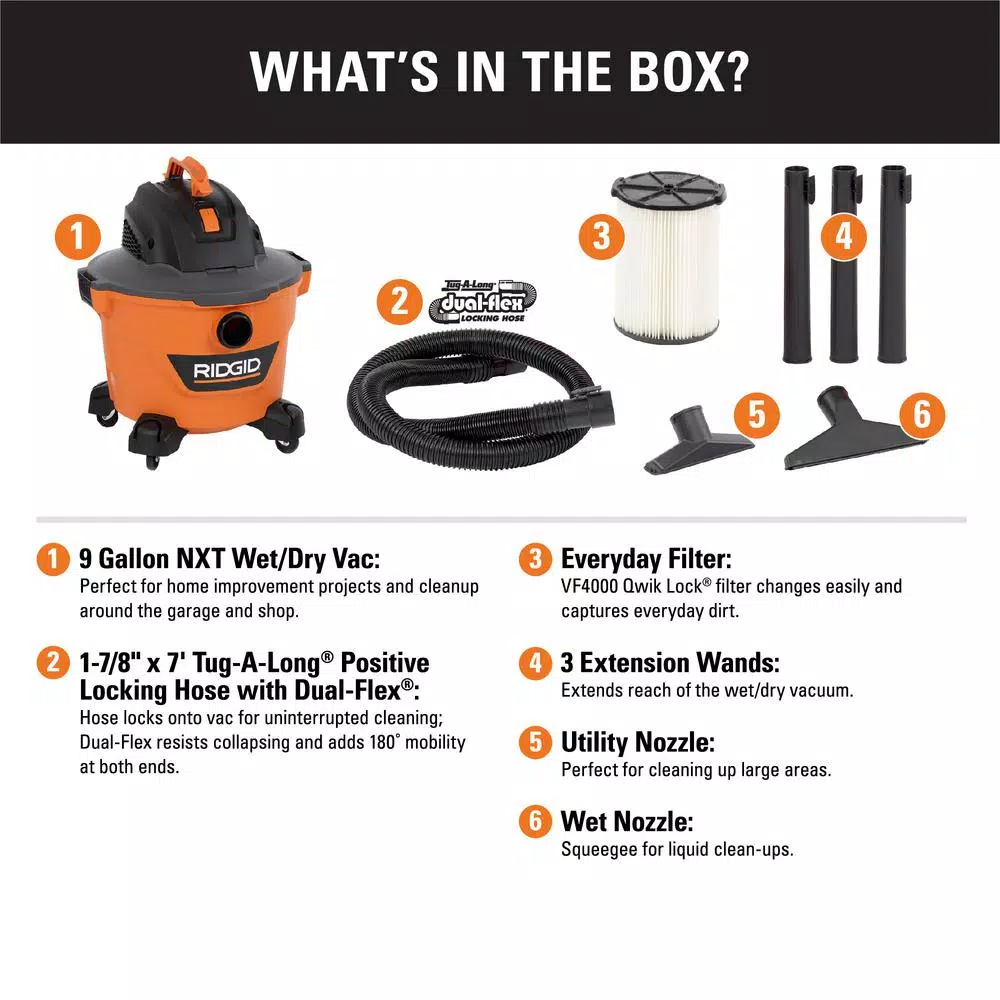 RIDGID 9 Gal. NXT Wet/Dry Shop Vacuum, 4.25 Peak HP with Dual-Flex Locking Hose and Accessories