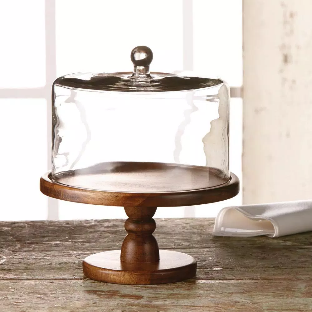American Atelier Madera Clear Glass Pedestal Cake Plate with Dome, 11.8 in. Diameter