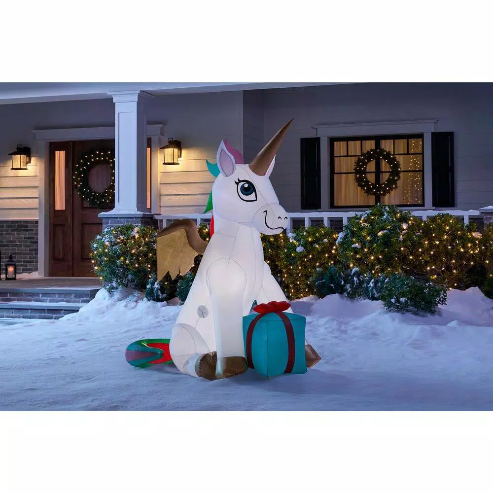Home Accents Holiday 5 ft. Airblown Inflatable Fuzzy Plush Unicorn Pegasus with LED Lights