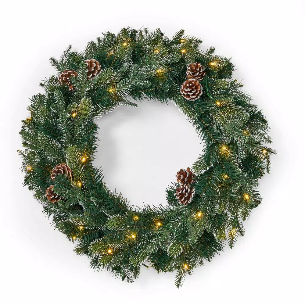 Noble House 24 in. Mixed Spruce Artificial Christmas Wreath with Pine Cones and Warm White LED Lights