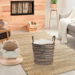LR Home Wonder Striped Braided Navy Blue Natural Jute Decorative Storage Basket with Handles thumbnail 5