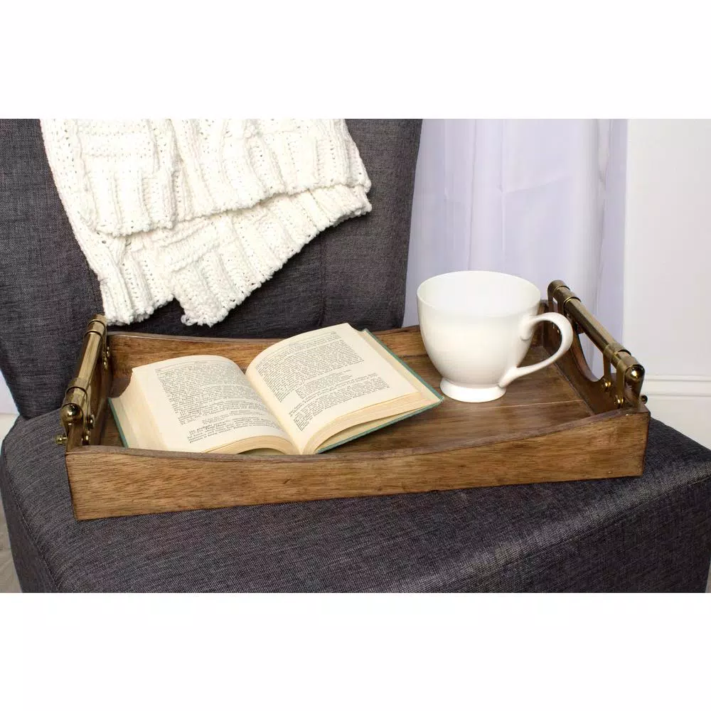 Kate and Laurel Ormond Brown Decorative Walnut Wood Tray with Polished Gold Metal Handles