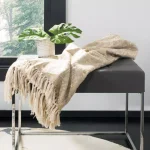 Safavieh Peppin Natural and Gold Geometric Cotton Throw Blanket with Fringe thumbnail 1