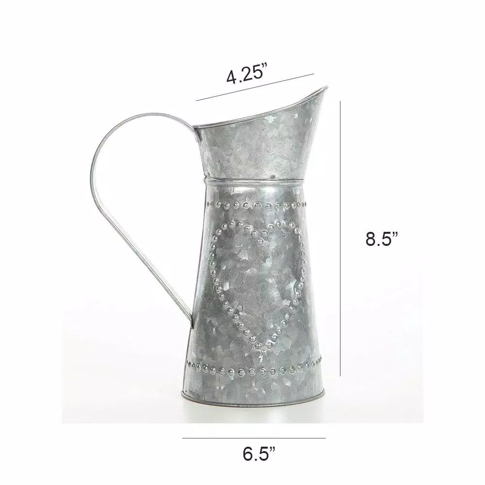 Benzara Gray Decorative Galvanized Metal Pitcher with Hammered Heart Design