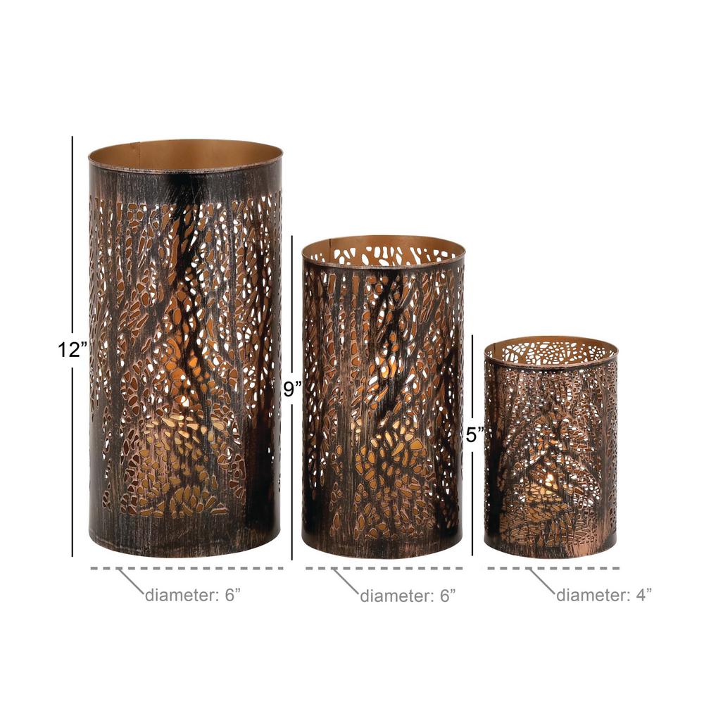 LITTON LANE Iron Hurricane Candle Holder Set of 3 - 12 in. x 6 in. Bronze Brass with Tree Branch Cutouts