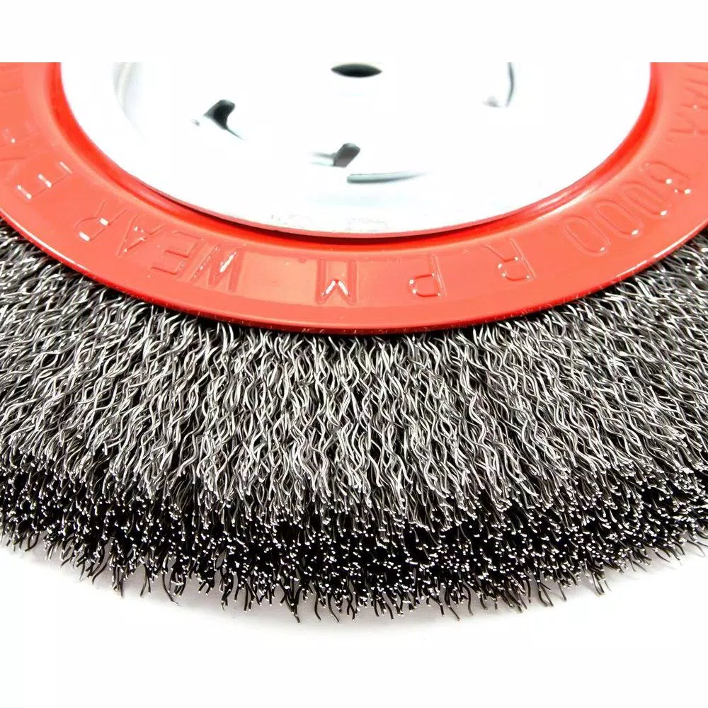 Forney 8 in. Wide Face Crimped Wire Bench Wheel Brush, 1/2 in. and 5/8 in. Arbor