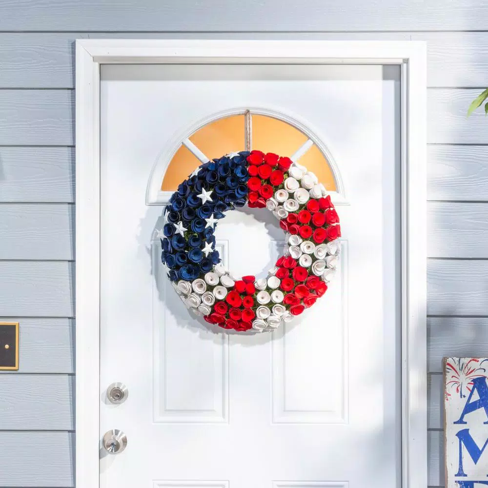 Gerson 21.5 in. Americana Wood Flower Wreath - Patriotic Red, White, and Blue Flag Inspired Decor