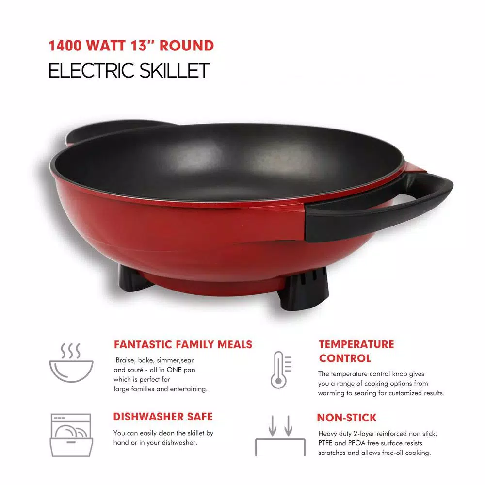 Boyel Living 1400W Professional Non-Stick Copper Electric Skillet, 13 in. Jumbo Capacity, Red