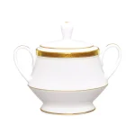 Noritake Charlotta Gold 10 oz. White Porcelain Sugar Bowl with Cover thumbnail 1