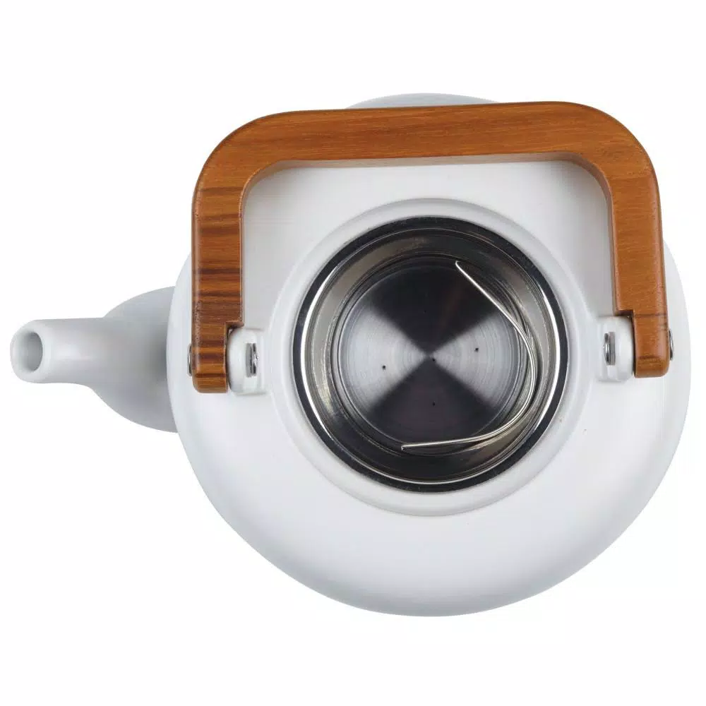 BonJour Wayfarer 4-Cup Matte White Ceramic Teapot with Stainless Steel Infuser and Teak Wood Accents