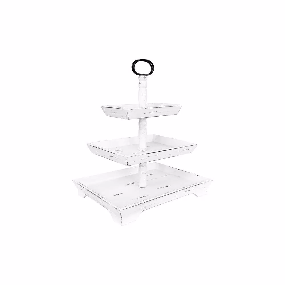 3R Studios White Decorative 3-Tier Tray - Rustic Distressed Wood and Metal Design