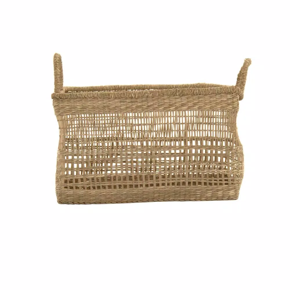 Zentique Handmade Rectangular Seagrass Woven Wicker Basket with Handles, Brown