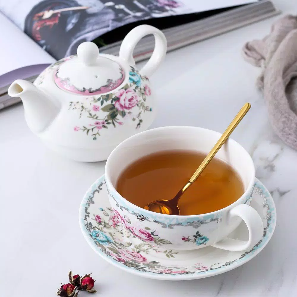 MALACASA Elegant Porcelain Tea for One Set - 3 Piece Teapot, Teacup and Saucer Set, White with Pattern