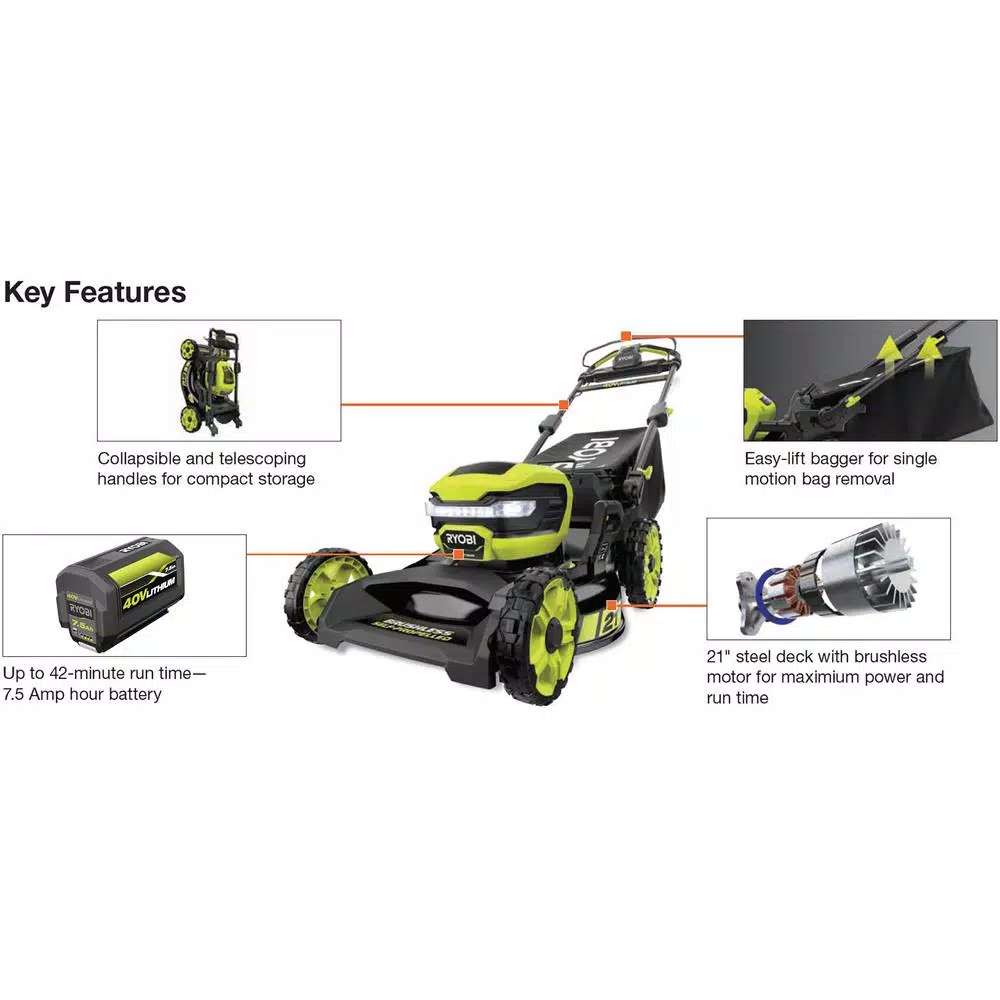 RYOBI 40V 21 in. Brushless Cordless Self-Propelled Lawn Mower with 7.5 Ah Battery and Charger