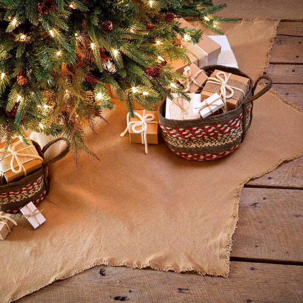 VHC Brands 48 in. Burlap Natural Tan Farmhouse Christmas Tree Skirt with 8-Point Star Design