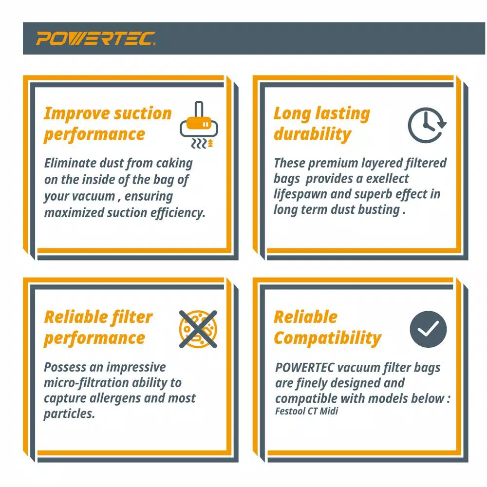 POWERTEC Self-Cleaning Replacement Filter Bags for Festool CT Midi (498411) - 5-Pack