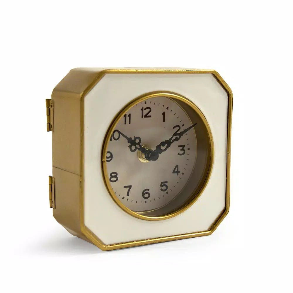 Zentique White and Gold Rounded Square Analog Desk Clock with Quartz Movement