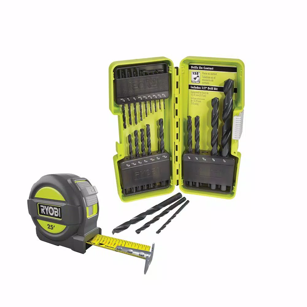 RYOBI 21-Piece Black Oxide Drill Bit Set with Bonus 25 ft. Tape Measure