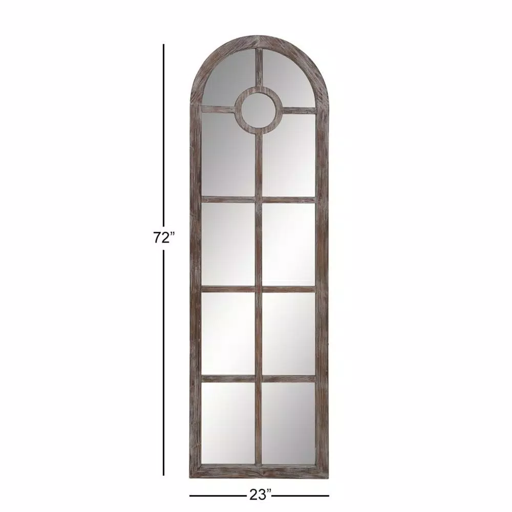 LITTON LANE Hayes Oversized Arch Distressed Brown Wood Window Mirror (72 in. x 23 in.)
