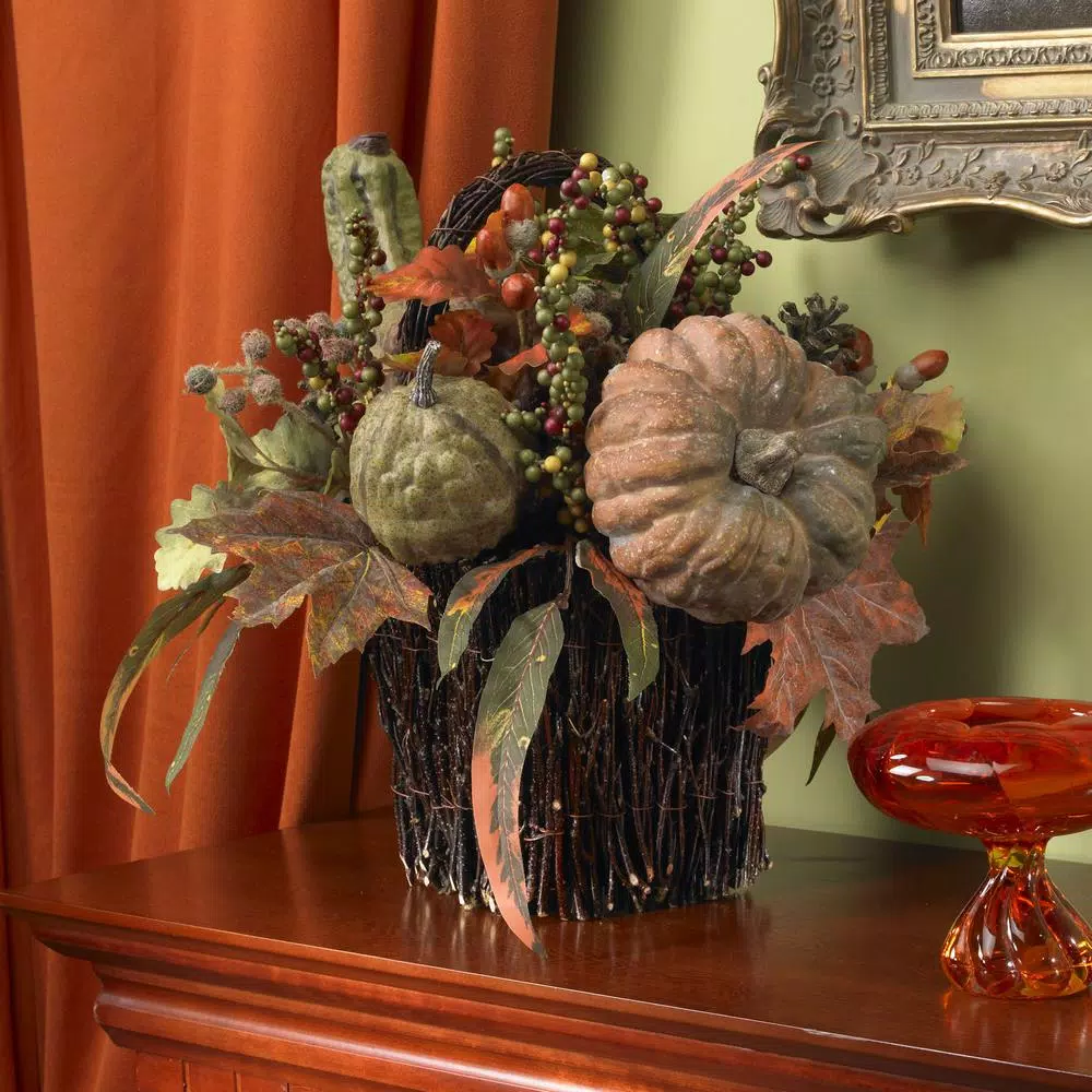 Nearly Natural 15 in. Fall Pumpkin and Berry Artificial Table Arrangement, Rustic Farmhouse Decor
