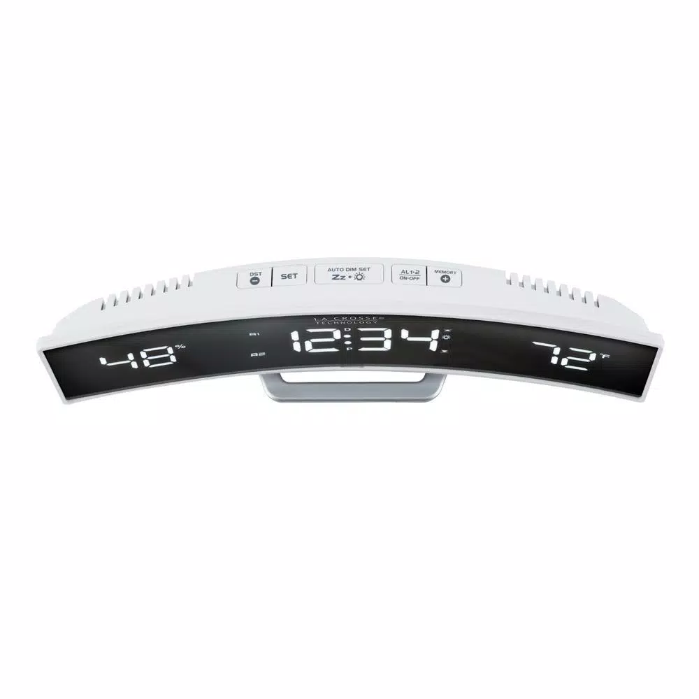 La Crosse Technology White Curved Digital Alarm Clock with Mirrored LED Display, Temperature, Humidity, and USB Charging Port