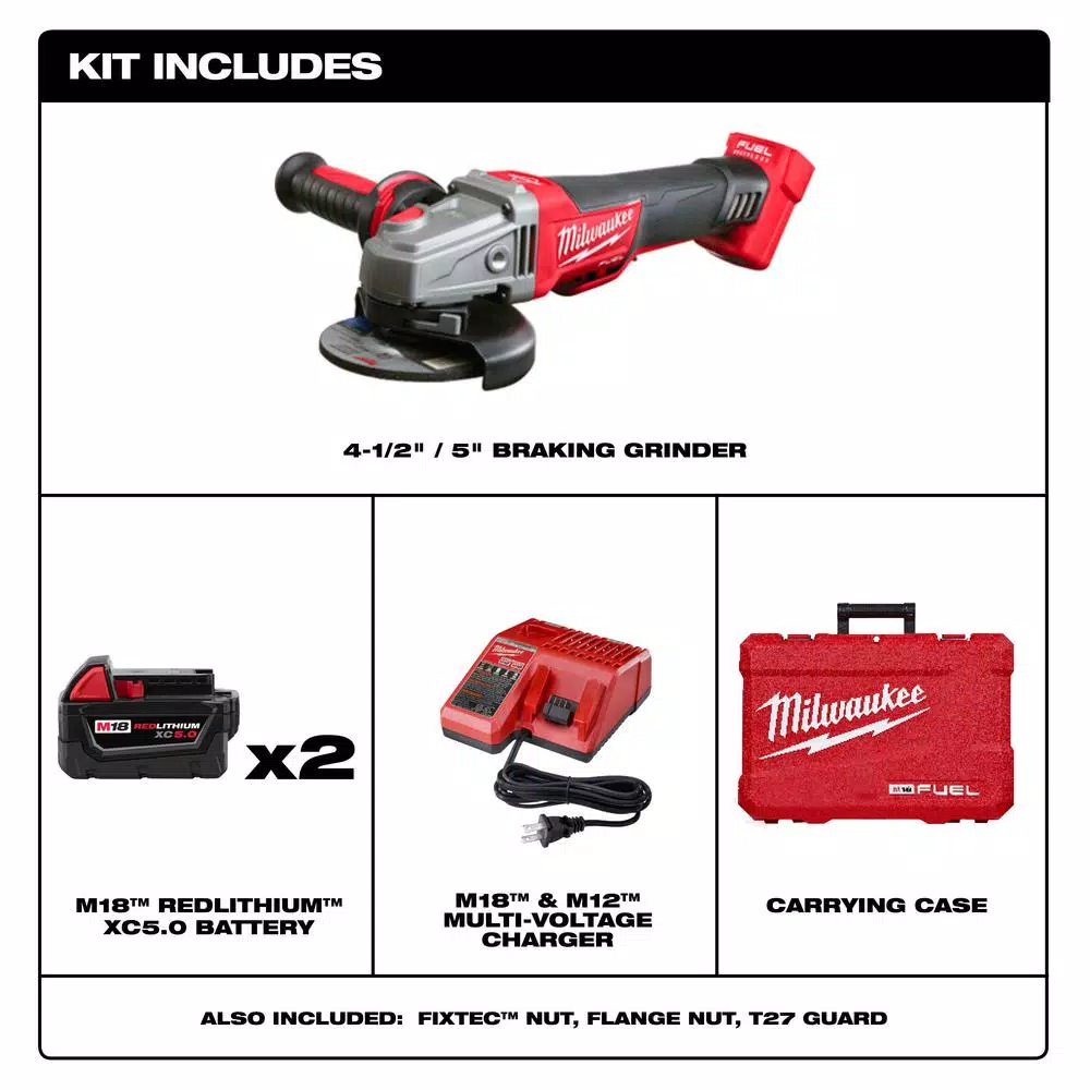 Milwaukee M18 FUEL 4-1/2 in. / 5 in. Braking Cordless Angle Grinder Kit with Two 5.0 Ah Batteries & Charger