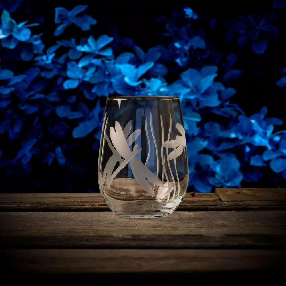 Rolf Glass Dragonfly 17 oz. Etched Stemless Wine Glass Set of 4, Clear Glassware
