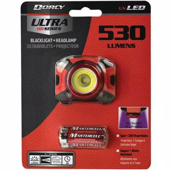 Dorcy Ultra HD LED Headlamp with UV Blacklight, 530 Lumens, AAA Battery Powered